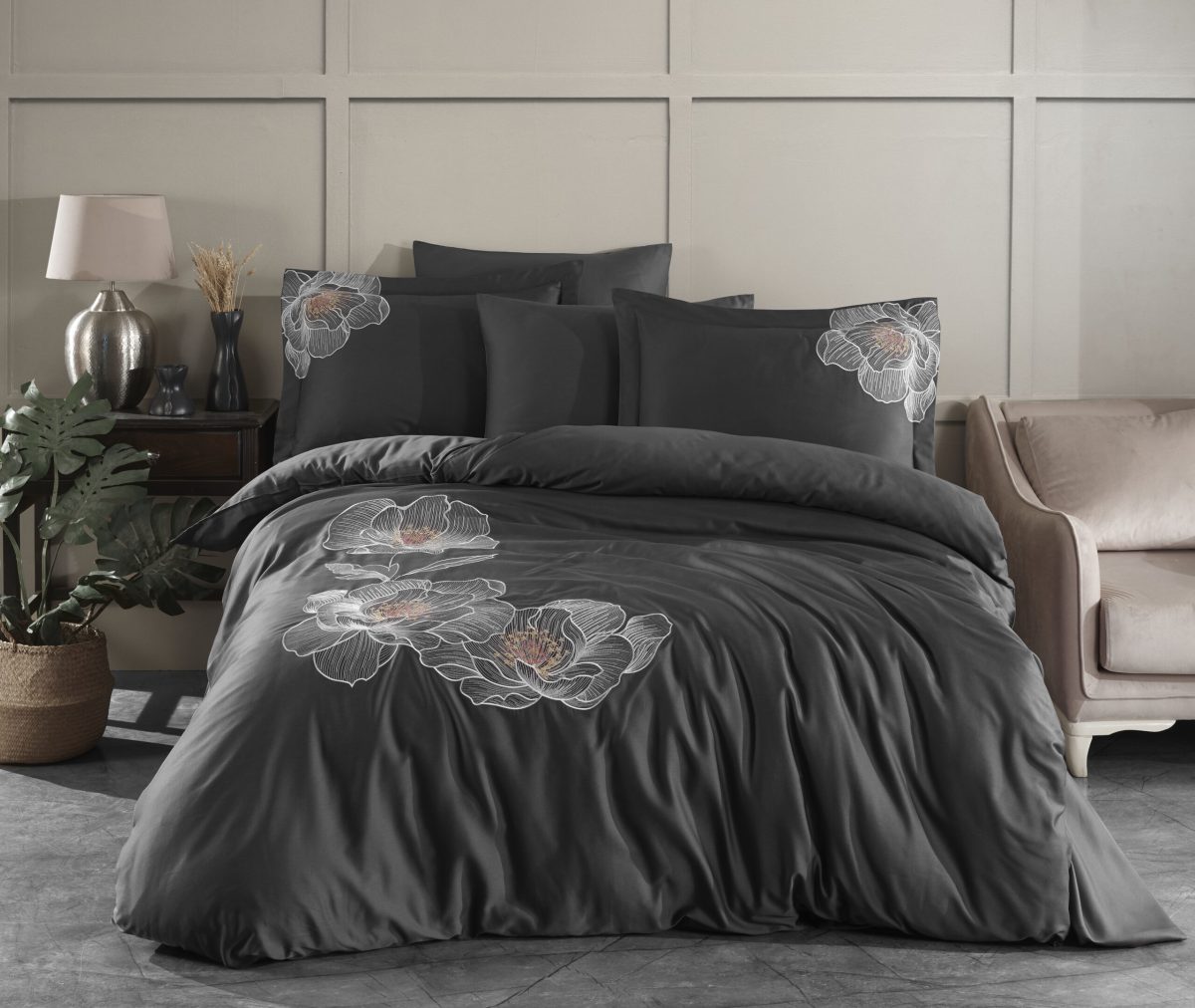 Lenjerie pat 2 persoane DANTELA CALISTA -ANTRASIT - imagine 2
