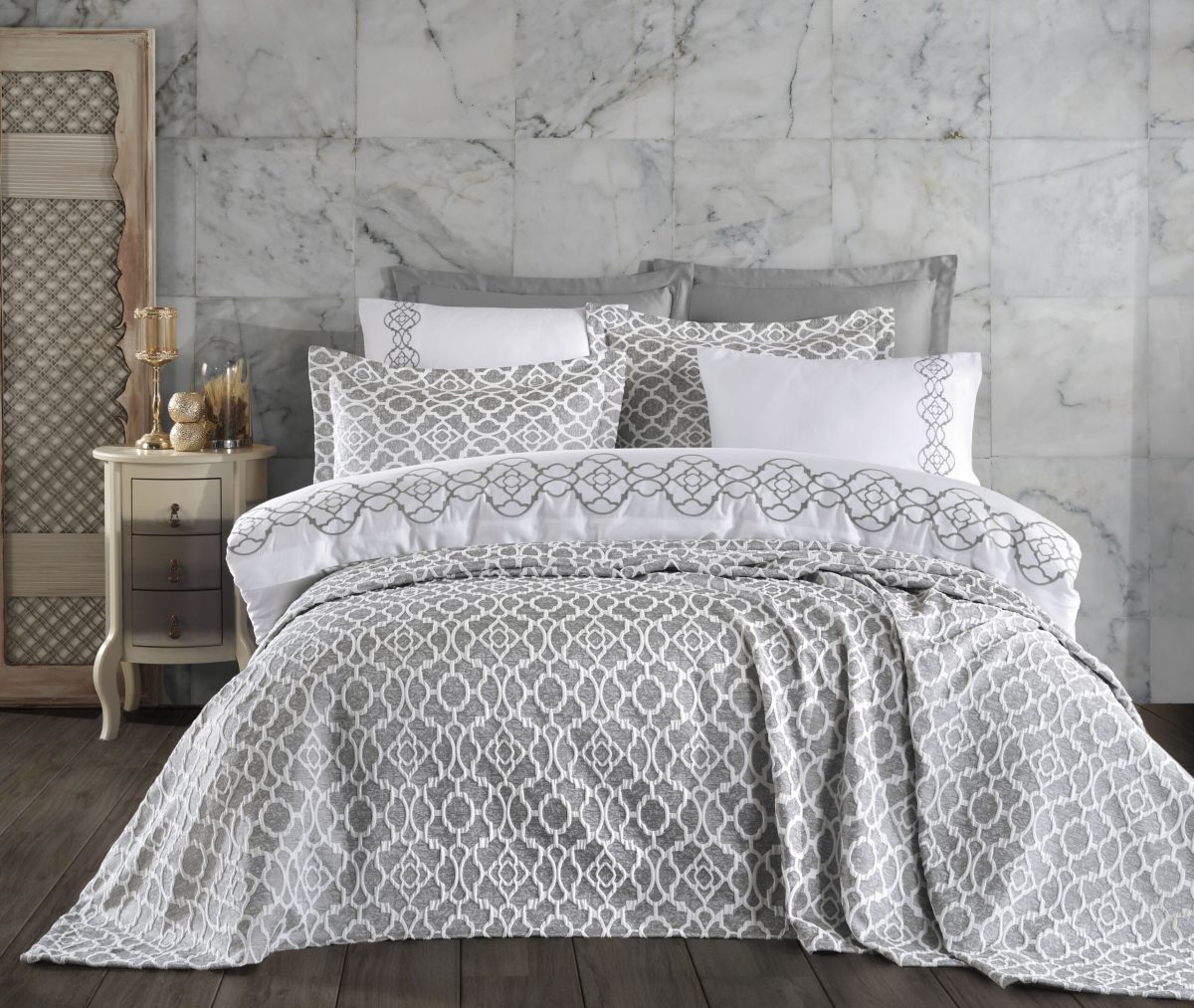 Cuvertura + Lenjerie Pat 2 Persoane -Victoria - Gri - imagine 2