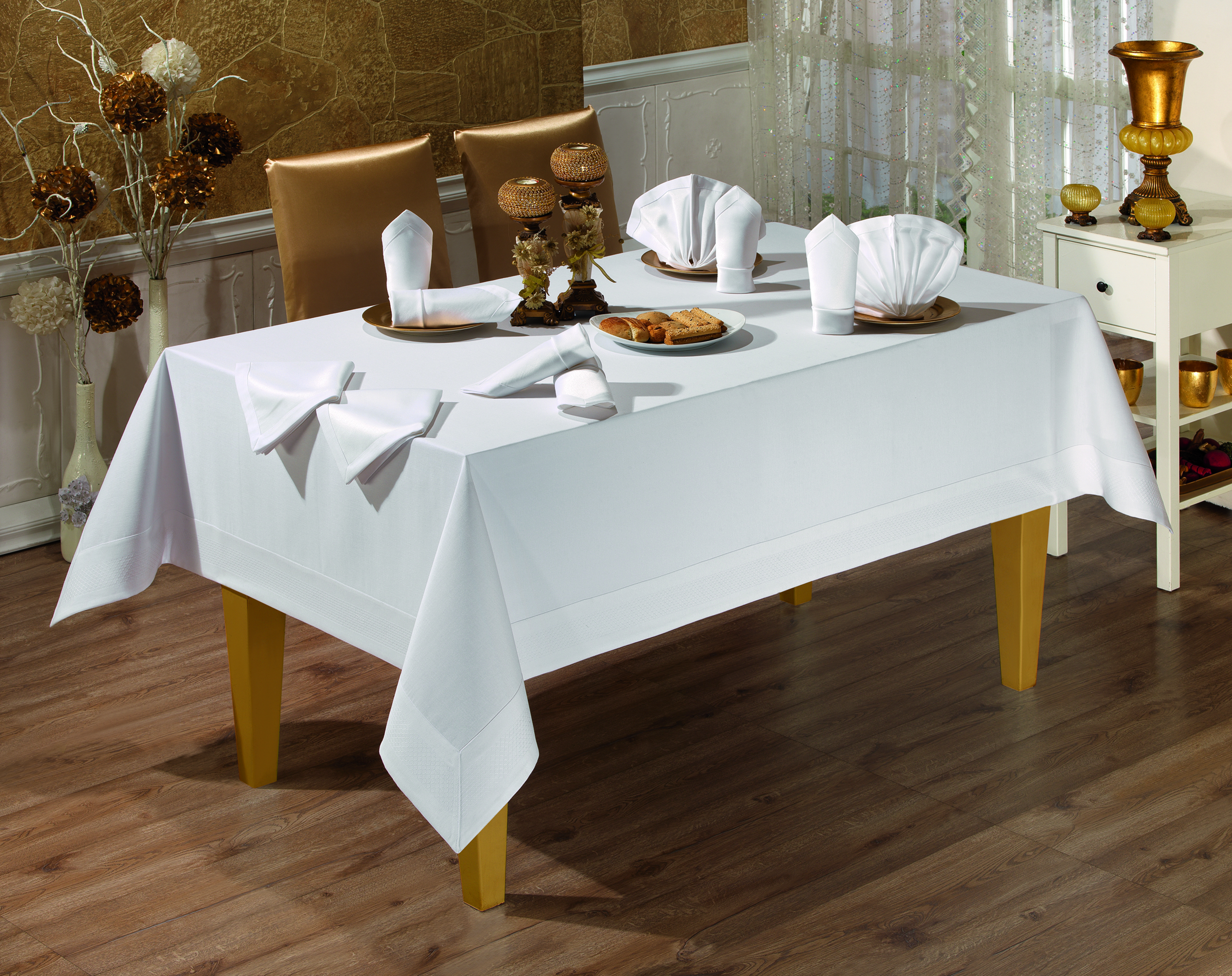 honey-beyaz-1.jpg Fata de masa Honey - Alb - 160x220 cm + 8 Servetele - imagine 1