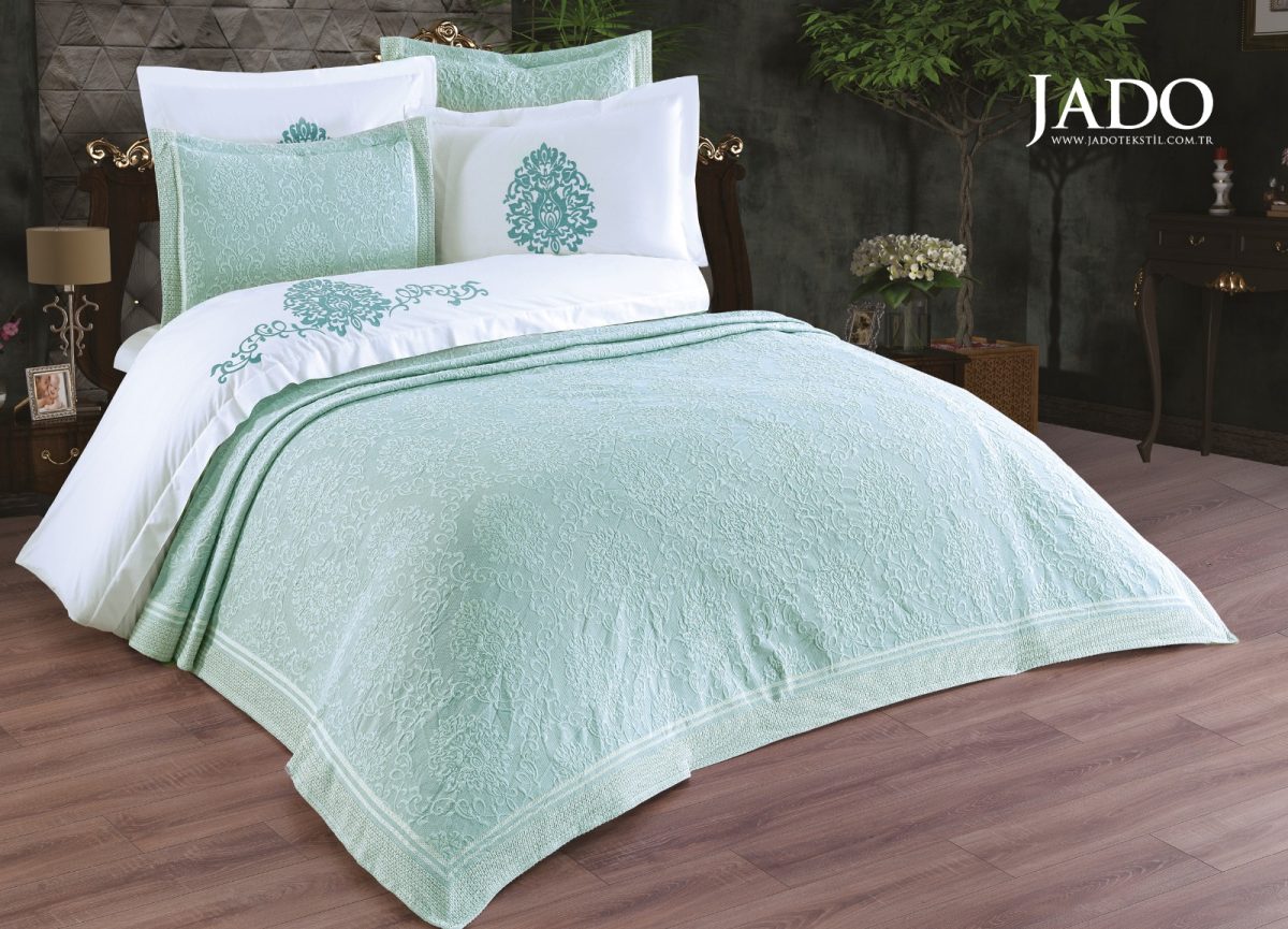 Cuvertura + Lenjerie Pat 2 Persoane cu Broderie Jado Damask - Mint - imagine 2