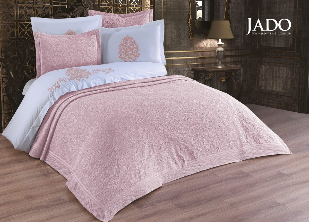Cuvertura + Lenjerie Pat 2 Persoane cu Broderie Jado Damask - Pudra - imagine 2