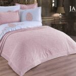 Cuvertura + Lenjerie Pat 2 Persoane cu Broderie Jado Damask - Pudra