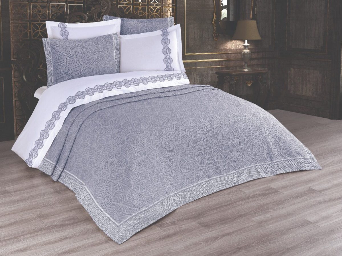Cuvertura + Lenjerie Pat 2 Persoane cu Broderie Jado Leaf - Gri - imagine 2