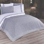 Cuvertura + Lenjerie Pat 2 Persoane cu Broderie Jado Leaf - Gri
