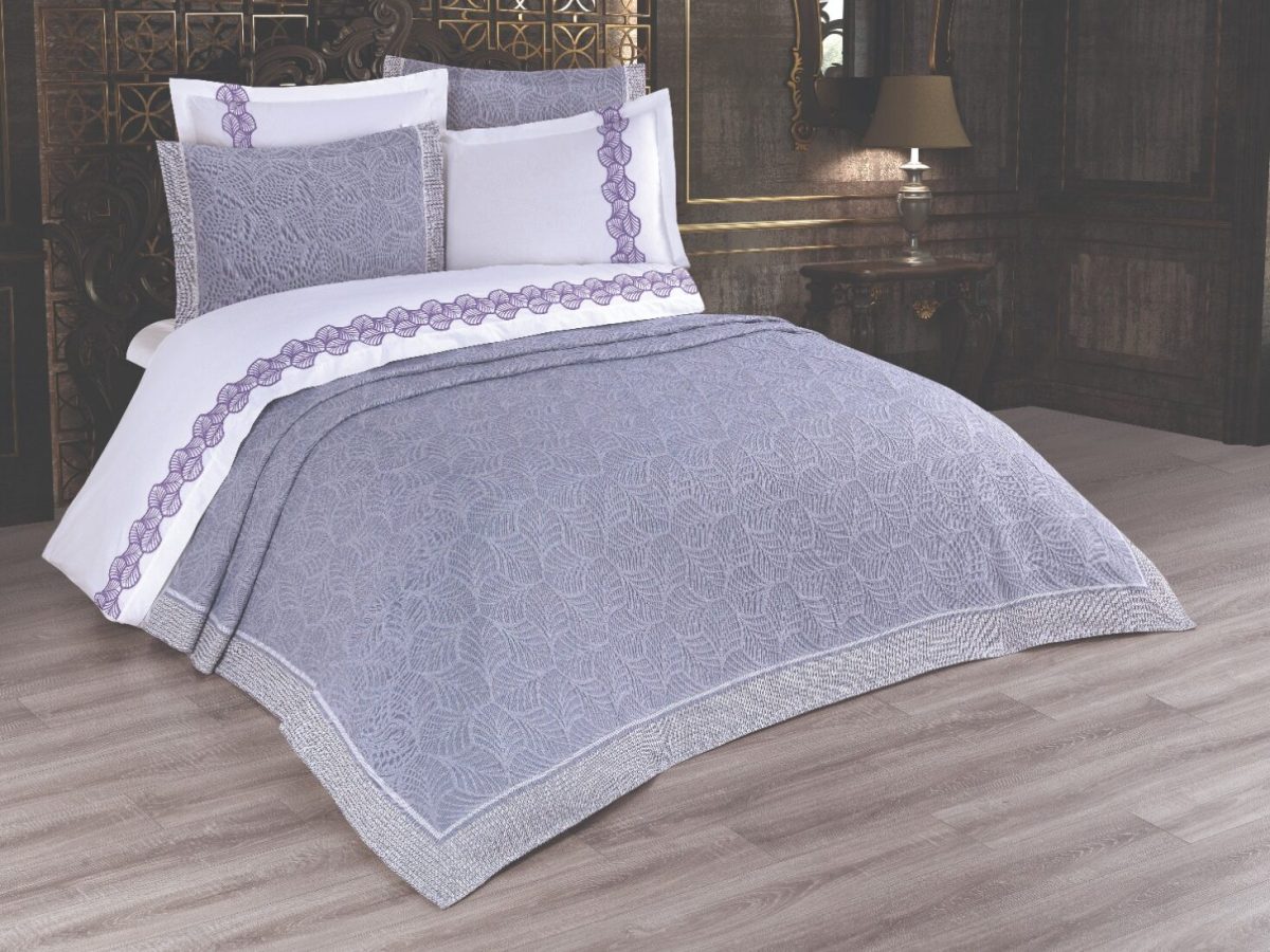 Cuvertura + Lenjerie Pat 2 Persoane cu Broderie Jado Leaf - Lila - imagine 2