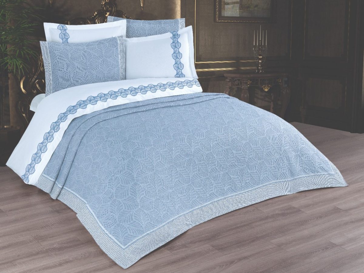 Cuvertura + Lenjerie Pat 2 Persoane cu Broderie Jado Leaf - Bleu - imagine 2
