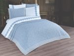 Cuvertura + Lenjerie Pat 2 Persoane cu Broderie Jado Leaf - Bleu