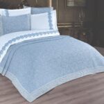 Cuvertura + Lenjerie Pat 2 Persoane cu Broderie Jado Leaf - Bleu
