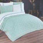 Cuvertura + Lenjerie Pat 2 Persoane cu Broderie Jado Leaf - Mint