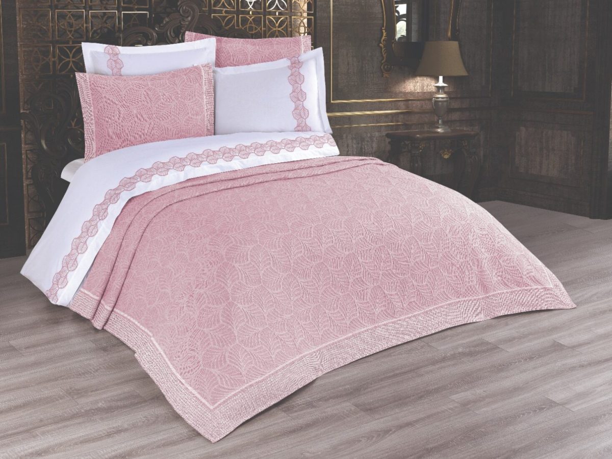 Cuvertura + Lenjerie Pat 2 Persoane cu Broderie Jado Leaf - Pudra - imagine 2