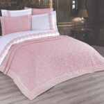 Cuvertura + Lenjerie Pat 2 Persoane cu Broderie Jado Leaf - Pudra